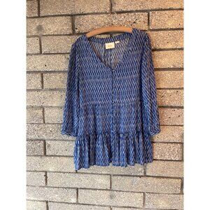 Maeve Blue & White Printed V-Neck Peplum Blouse Medium Rayon Womens Top